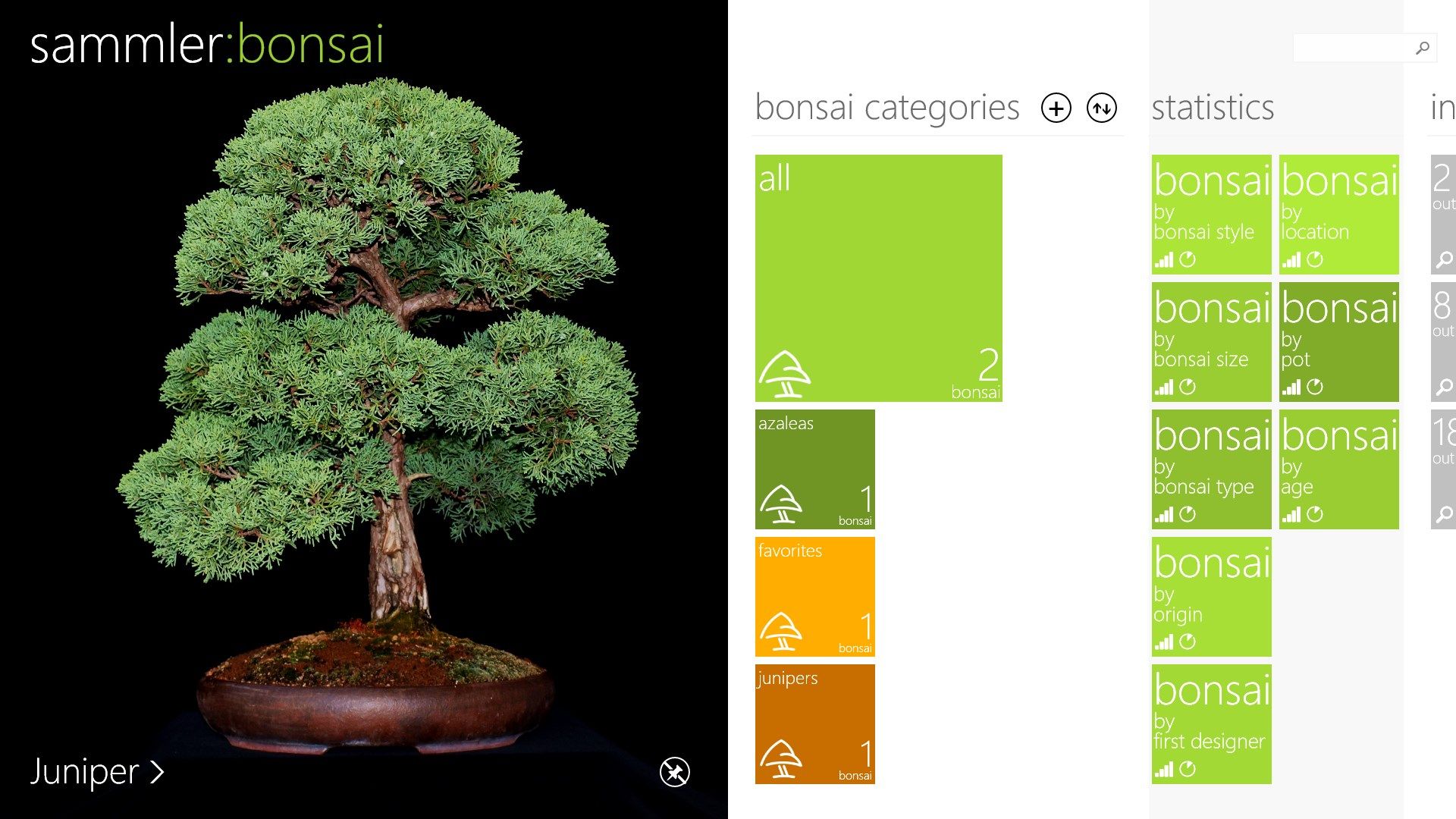 Homepage with user-defined bonsai categories and information about the collection
