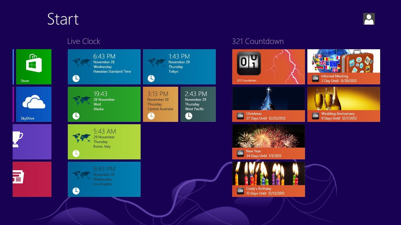 Live Tiles show time, month & day, weekday name and title. Support for both Wide and Small Live Tiles.