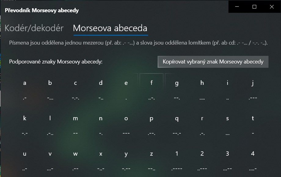 Stránka "Morseova abeceda" se seznamem podporovaných znaků a krátkou nápovědou