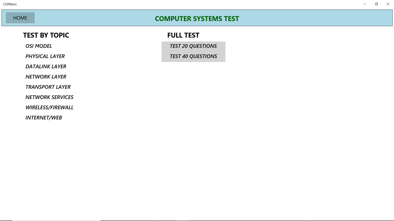 The initial test screen allows you to select tests by topic or simulated with 20 or 40 questions.
