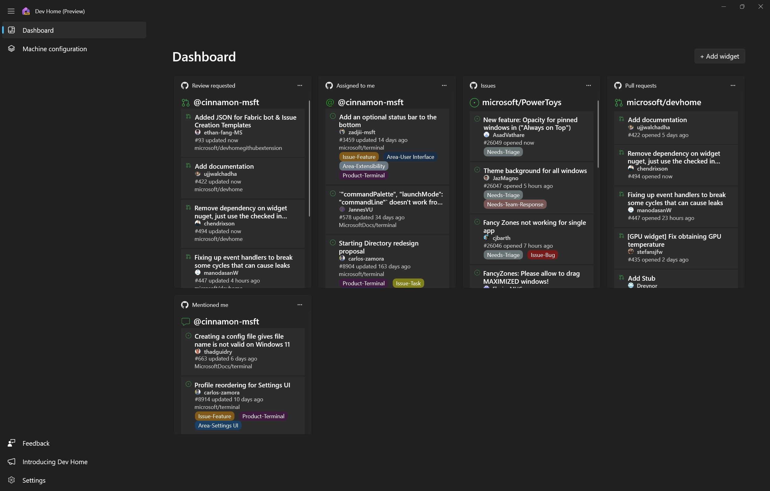 Dev Home GitHub Extension (Preview)