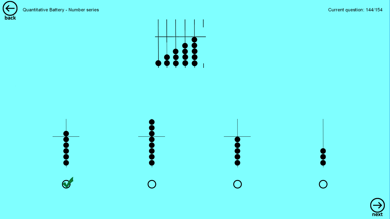 Test: rods of abacus are making a pattern. Last rod is missing. Which rod from options below will complete the pattern?