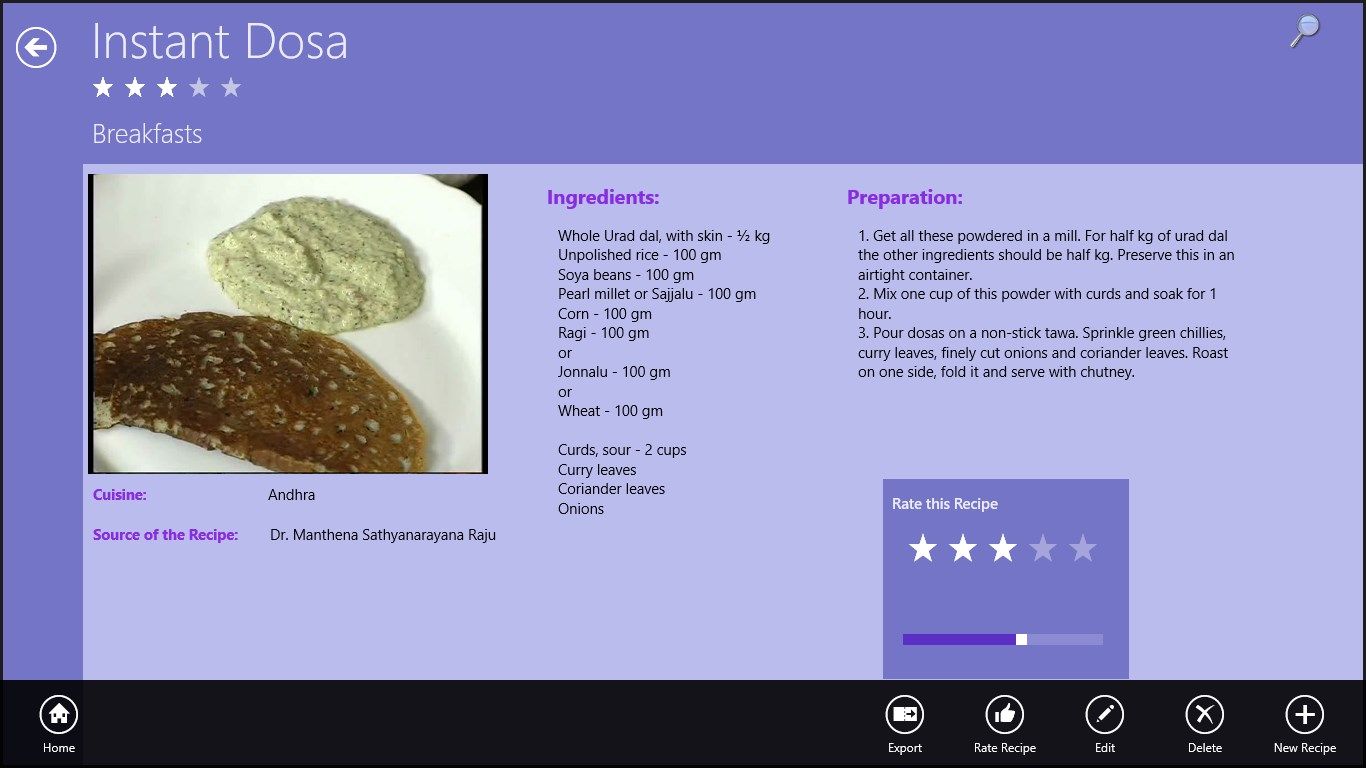 Recipe Detail View. Allows you to export this recipe to share with anybody, Rate this recipe, Edit or create a new recipe.