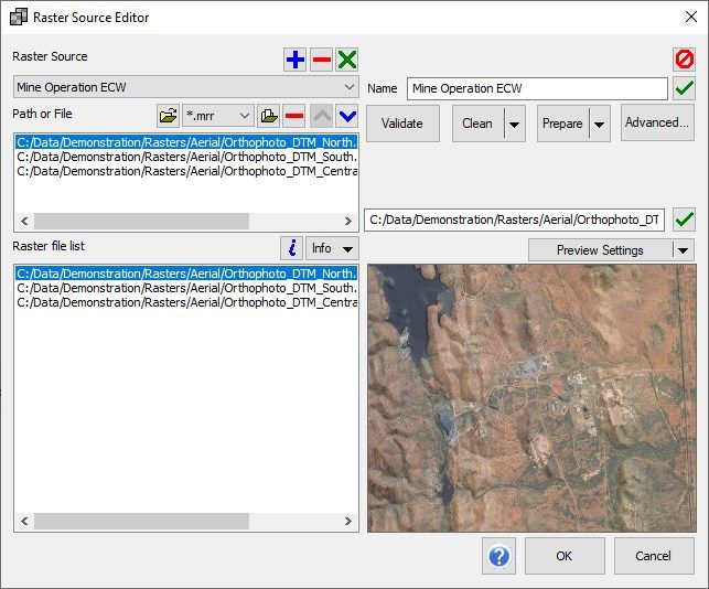 Manage rasters via the raster source editor, and group rasters together for rendering