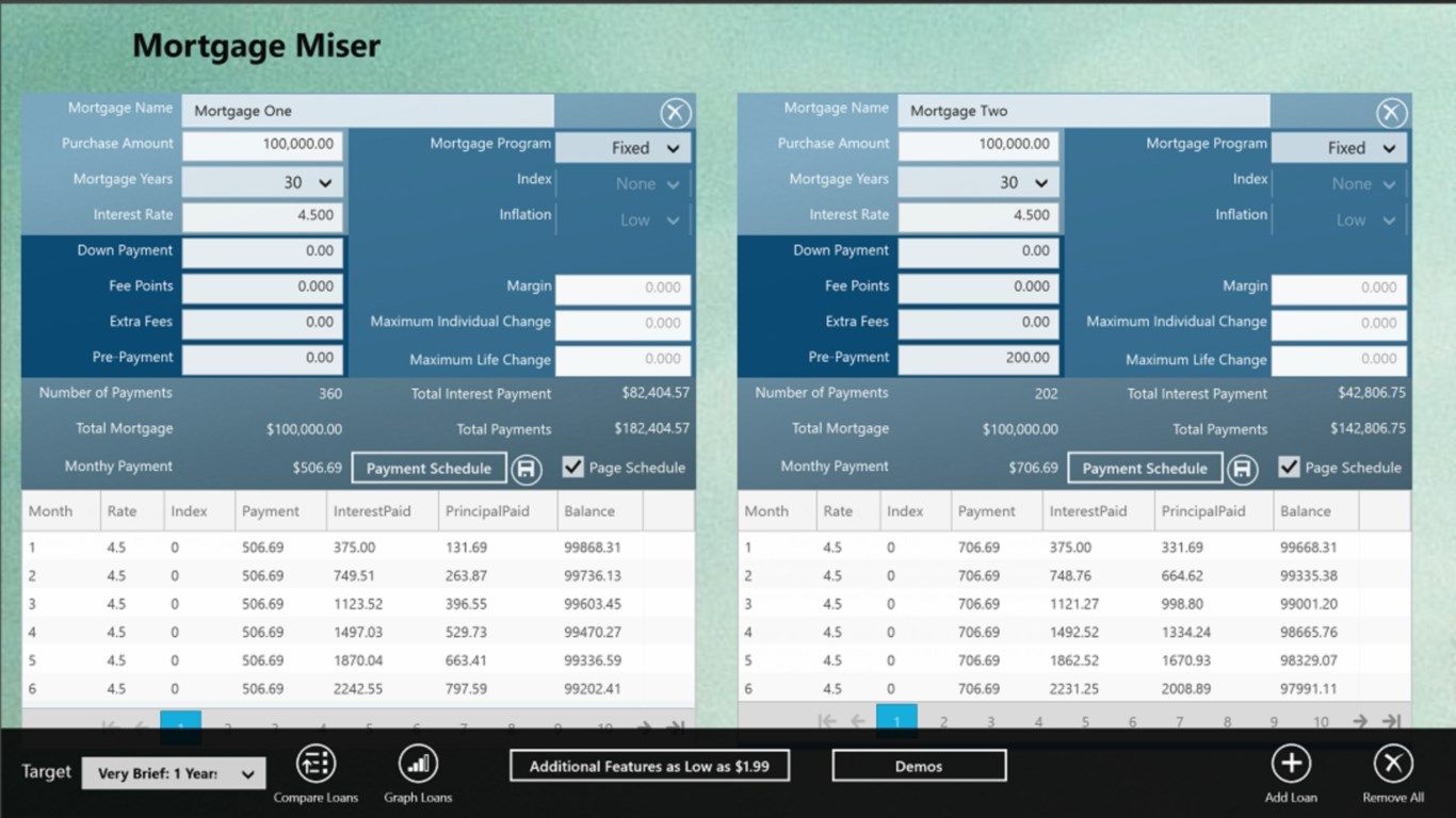Easy entry screen of two mortgages to compare and app bar
