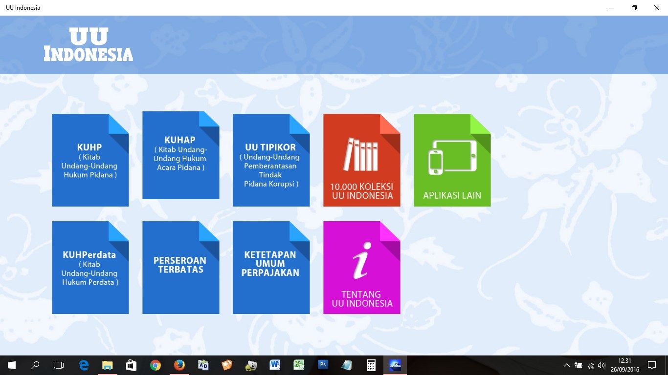 Menu utama pada aplikasi UU Indonesia, berisi beberapa sub menu, seperti KUHP, KUHAP, UU TIPIKOR, 10.000 Koleksi UU Indonesia, dan menu menu lain.