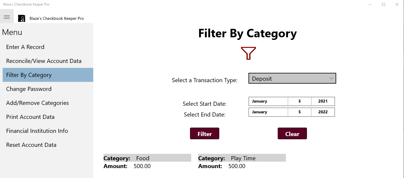 Filter by checking account transaction category and dates to view data assisting in budgeting