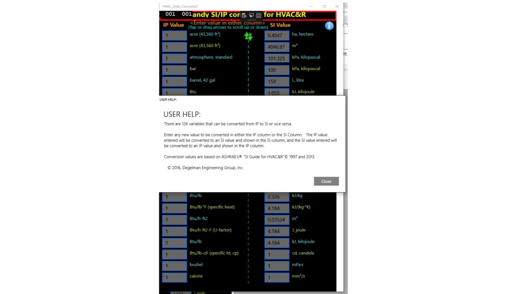 Screen showing the Help screen.