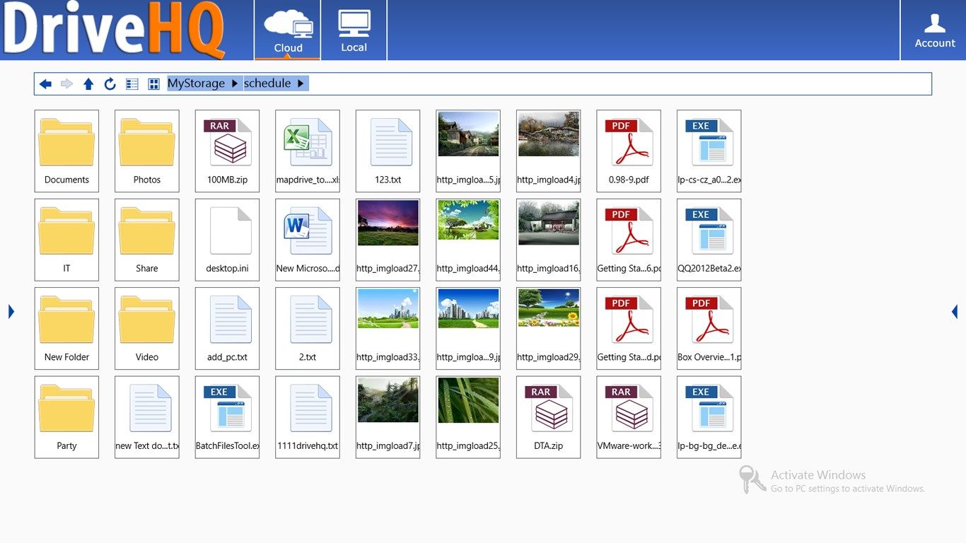 DriveHQ FileManager displaying a document folder on the cloud file server.