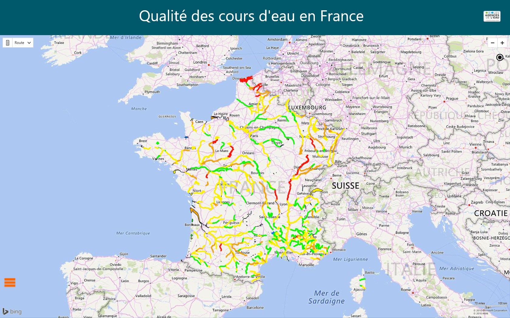 Ecran de démarrage - une vue générale de l'état des rivières en France