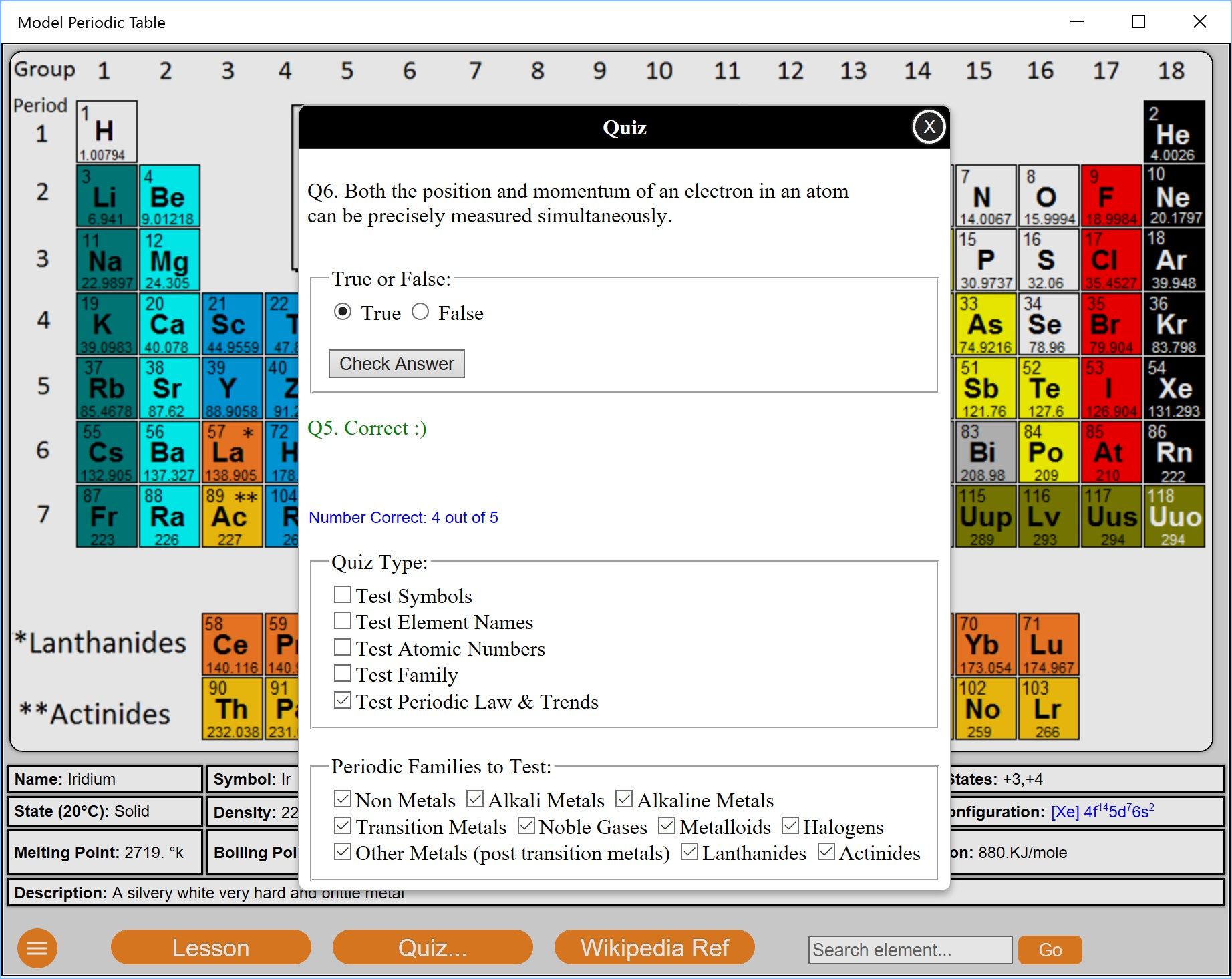 Model Periodic Table Quiz Screen