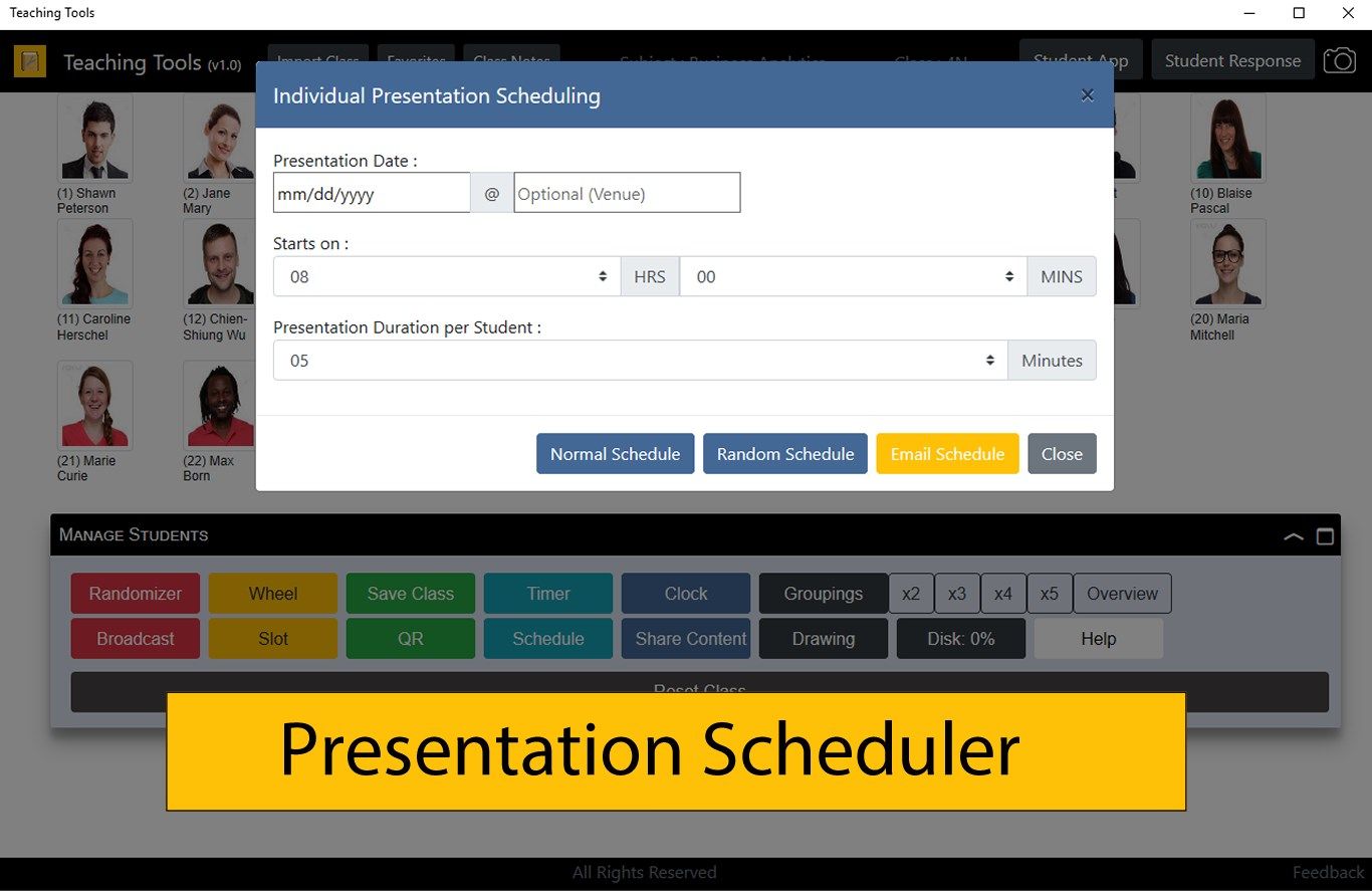 Use the presentation scheduler to plan timing slots and send email reminder - all within the app