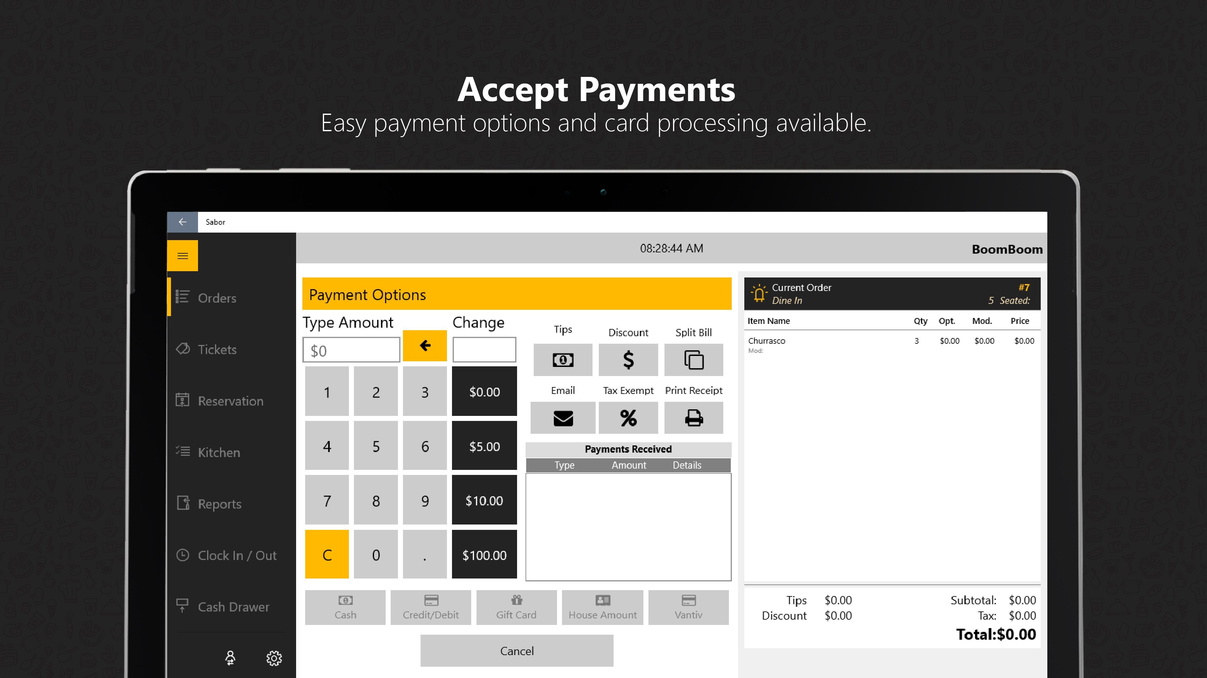 Accepting payments has never been easier - Choose cash / card / house account / or build in gift card system