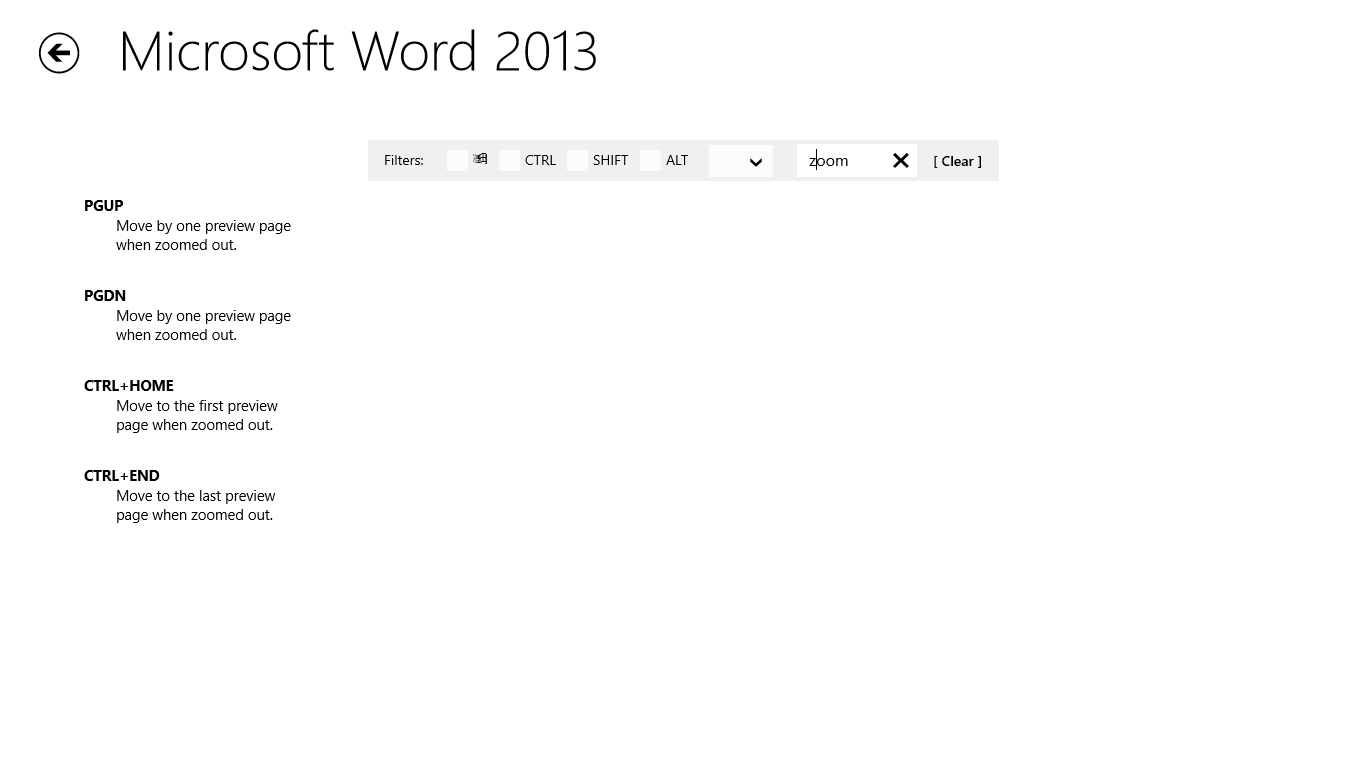 Shortcut keys for Microsoft Word 2013, filtered by the "zoom" keyword.
