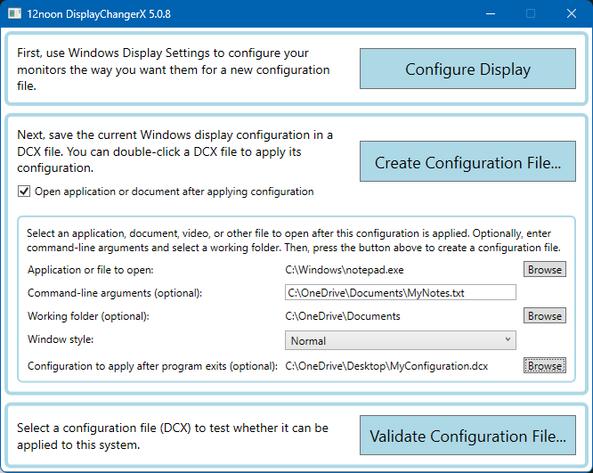 Example of opening an application after applying the configuration, including the configuration to apply after the application exits.