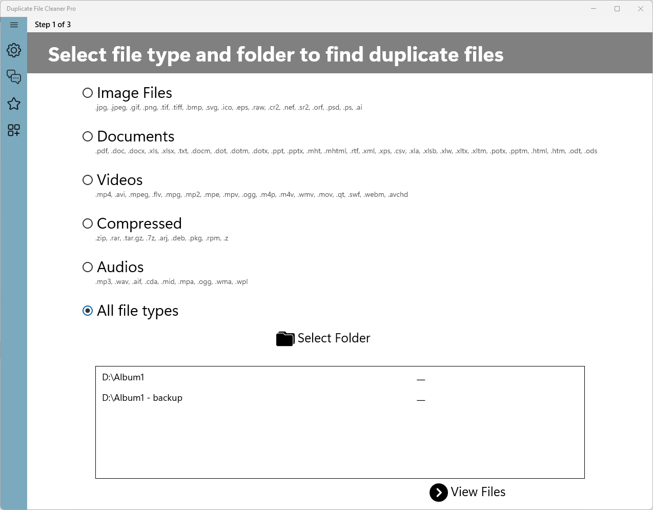 Select file type and folders
