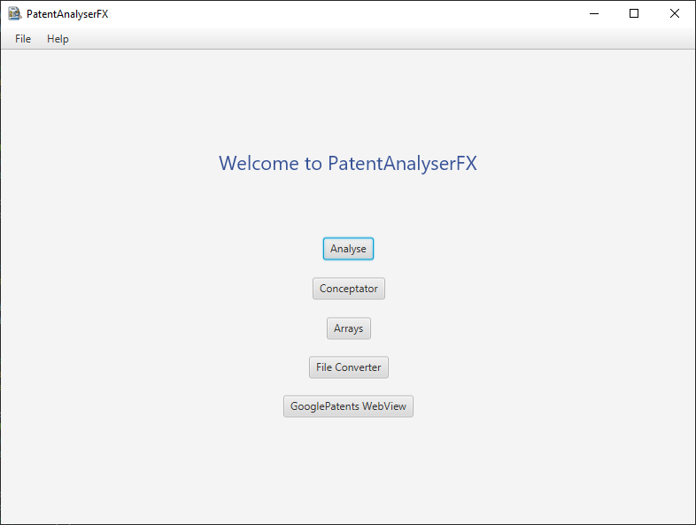 PatentAnalyserFX menu