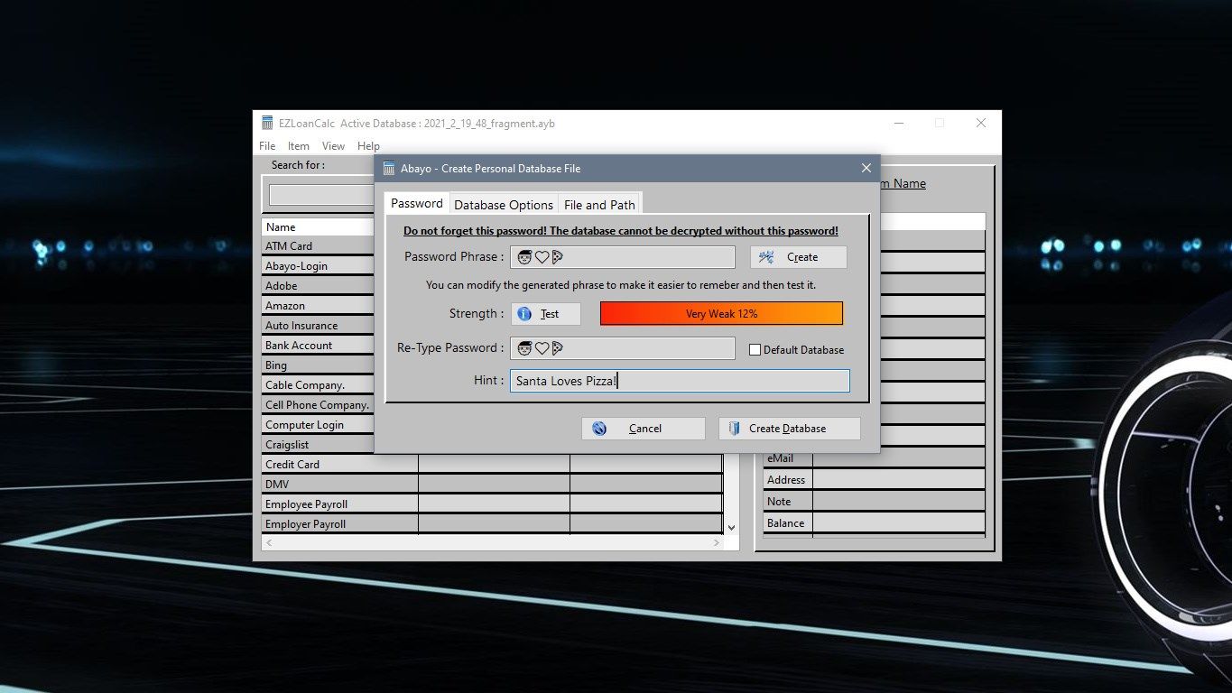 Create a User Database - This is the SQLite file that uses AES-128 encryption to store your data. Here you have options for creating the database's master password, Options - Here you can have the program make common blank entries for you and fill in fields like User, Password, PIN, Question and Answer fields. File and Path - Allows you to customize the file's name and storage location.