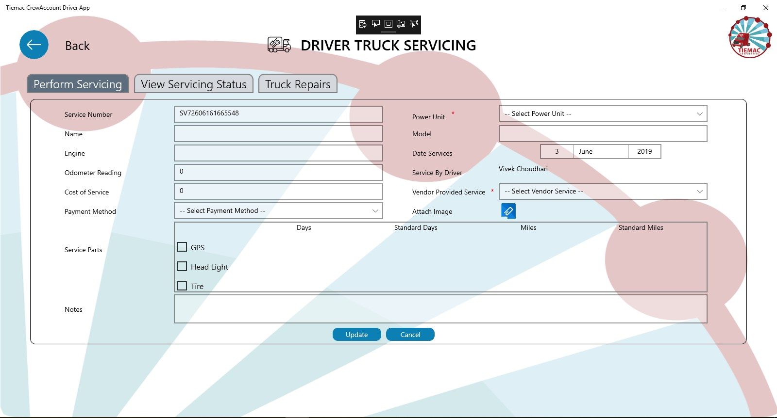 Driver Truck Servicing - Home screen
