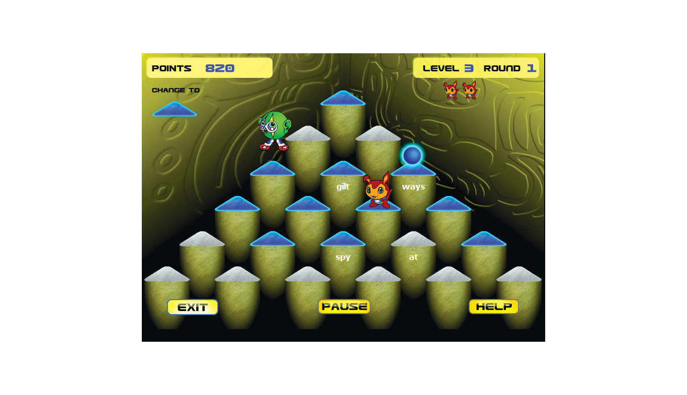Ziggy--Use your keyboarding skills to clear all of the words from the pyramid pillars while avoiding the bad guys.