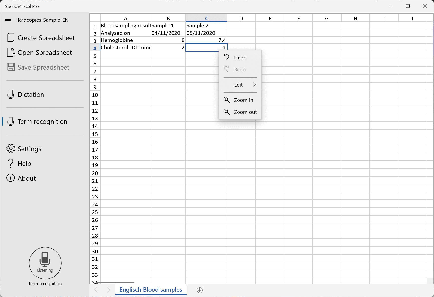 Context menu in Excel sheet