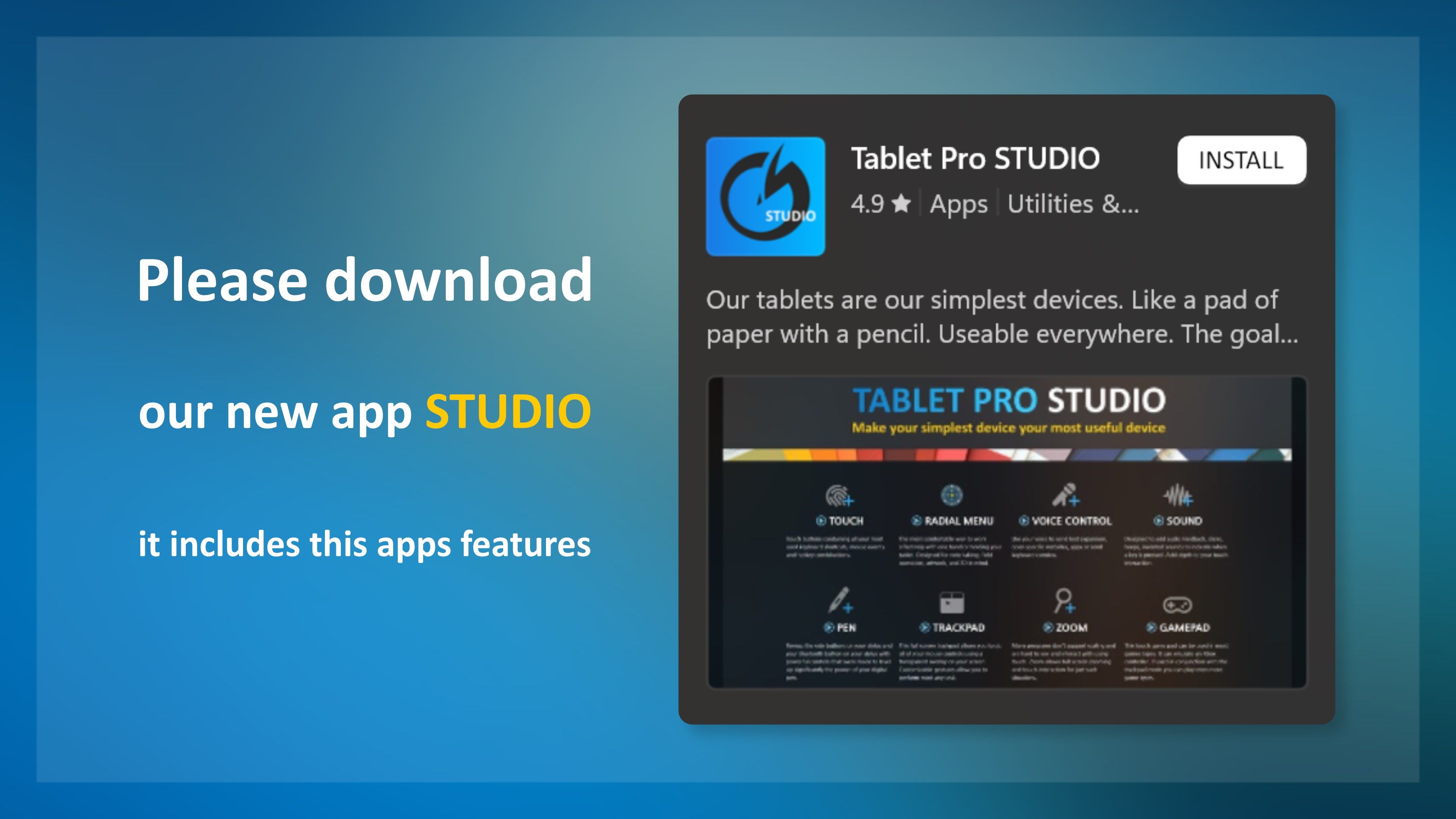 Please download our new application Tablet Pro STUDIO. The functions from this app have been improved and added into the STUDIO app. Thank you 😊