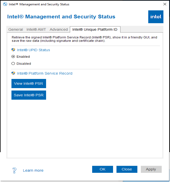 Intel(R) Management and Security Status