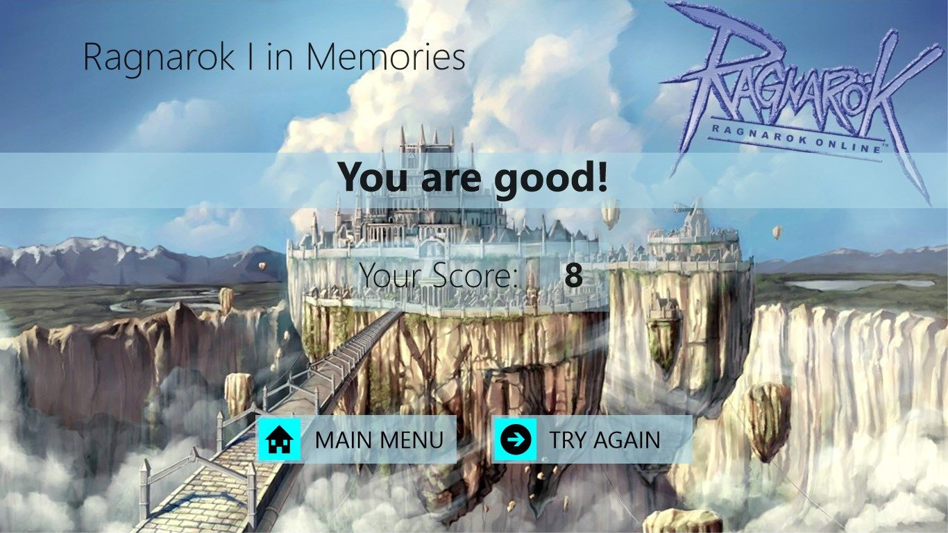 Result page, in which user's score will be displayed, with button to go back to main menu and retry