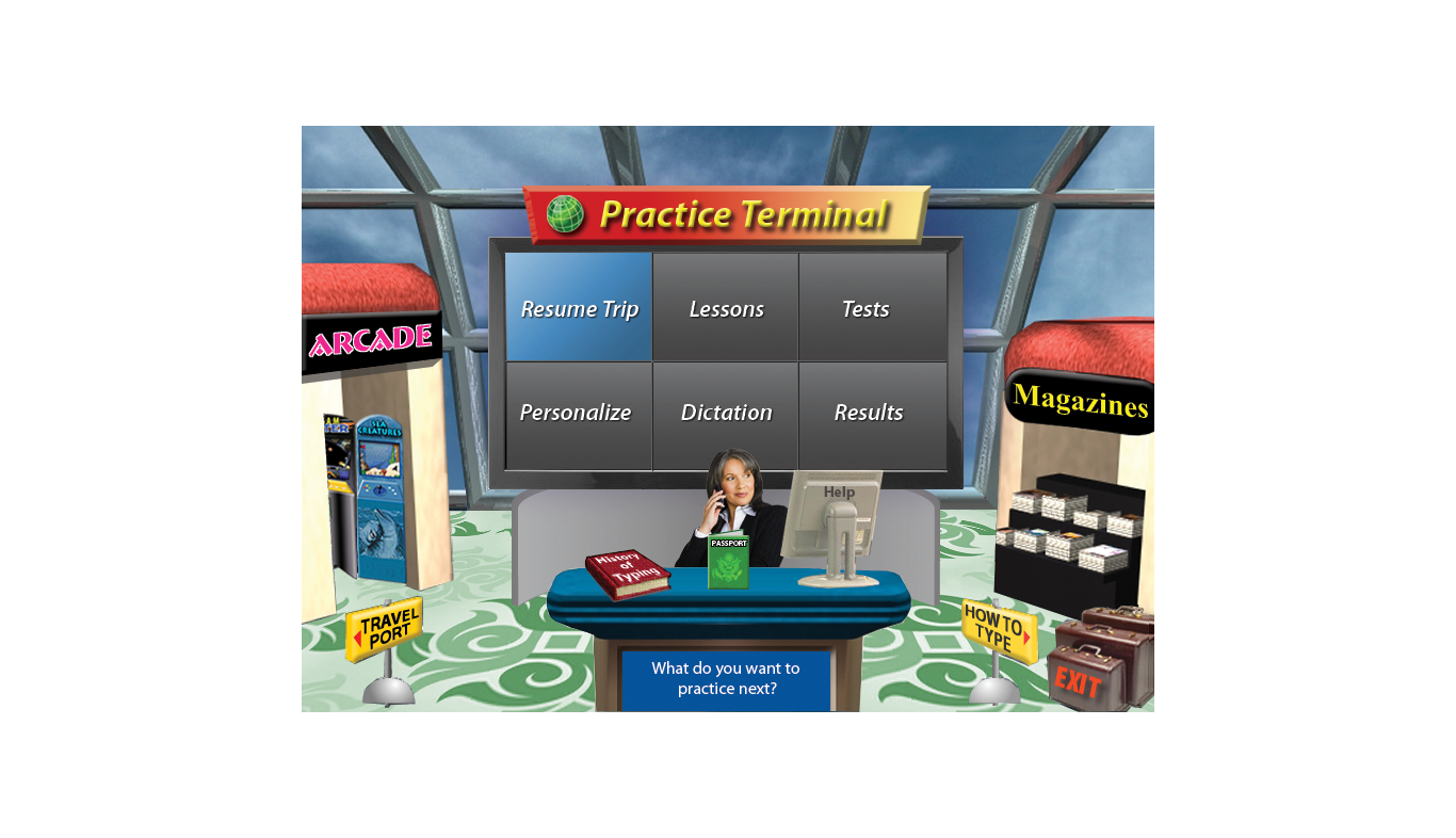 Visit the Practice area where you can play challenging games in the arcade, practice typing magazine articles and literature, design personal lessons and more!