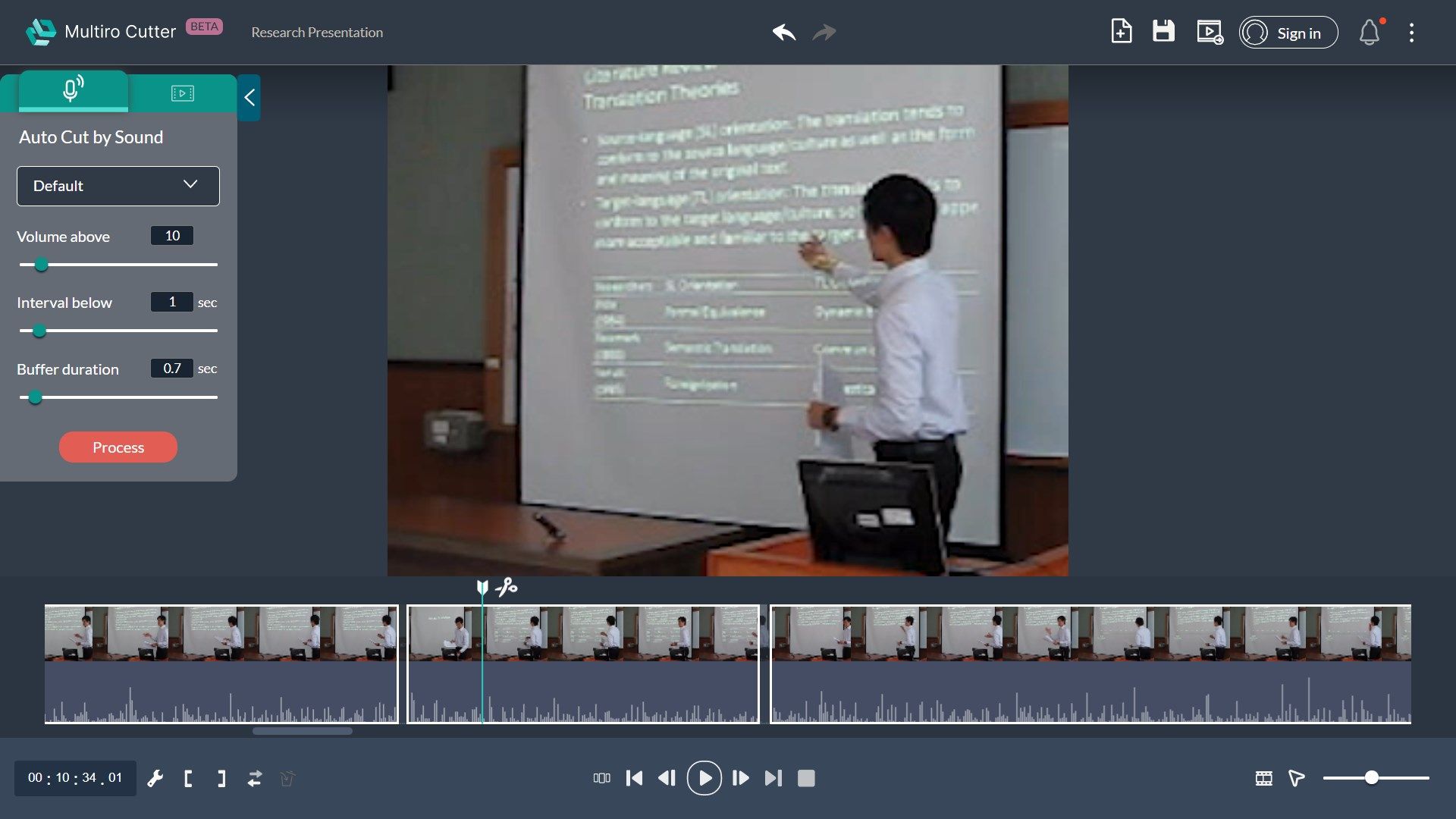 Automatically mark the scenes with noticeable sounds in a presentation or speech.