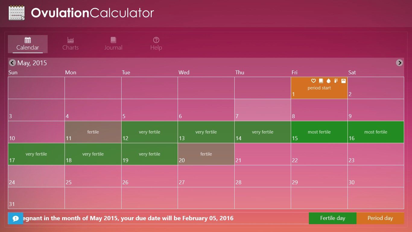 Calendar view with fertile days and other items that you enter