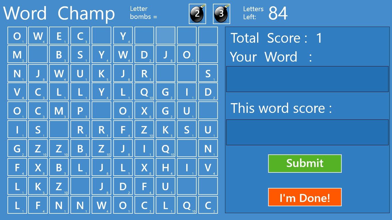 Use your 3 bombs to wipe letters of the grid!