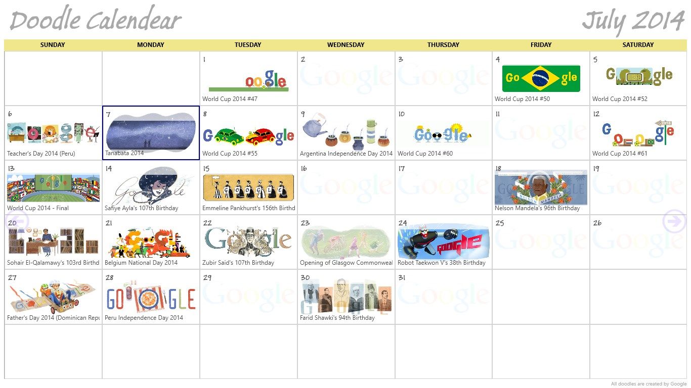 Browse doodles in a monthly calendar view
