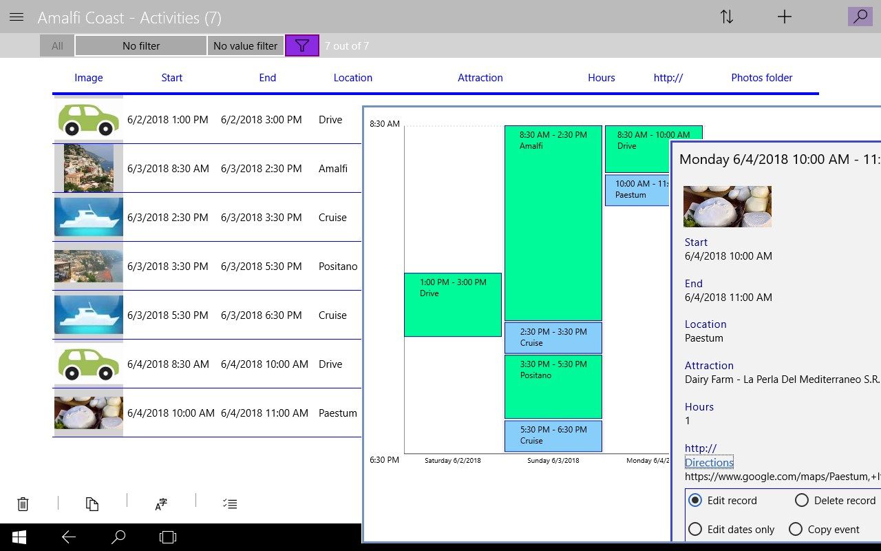 Create the calendar lists you need. For example plan the routes for your next vacation. A calendar list can be viewed as a regular calendar. Click an event, view it, edit the dates, etc...