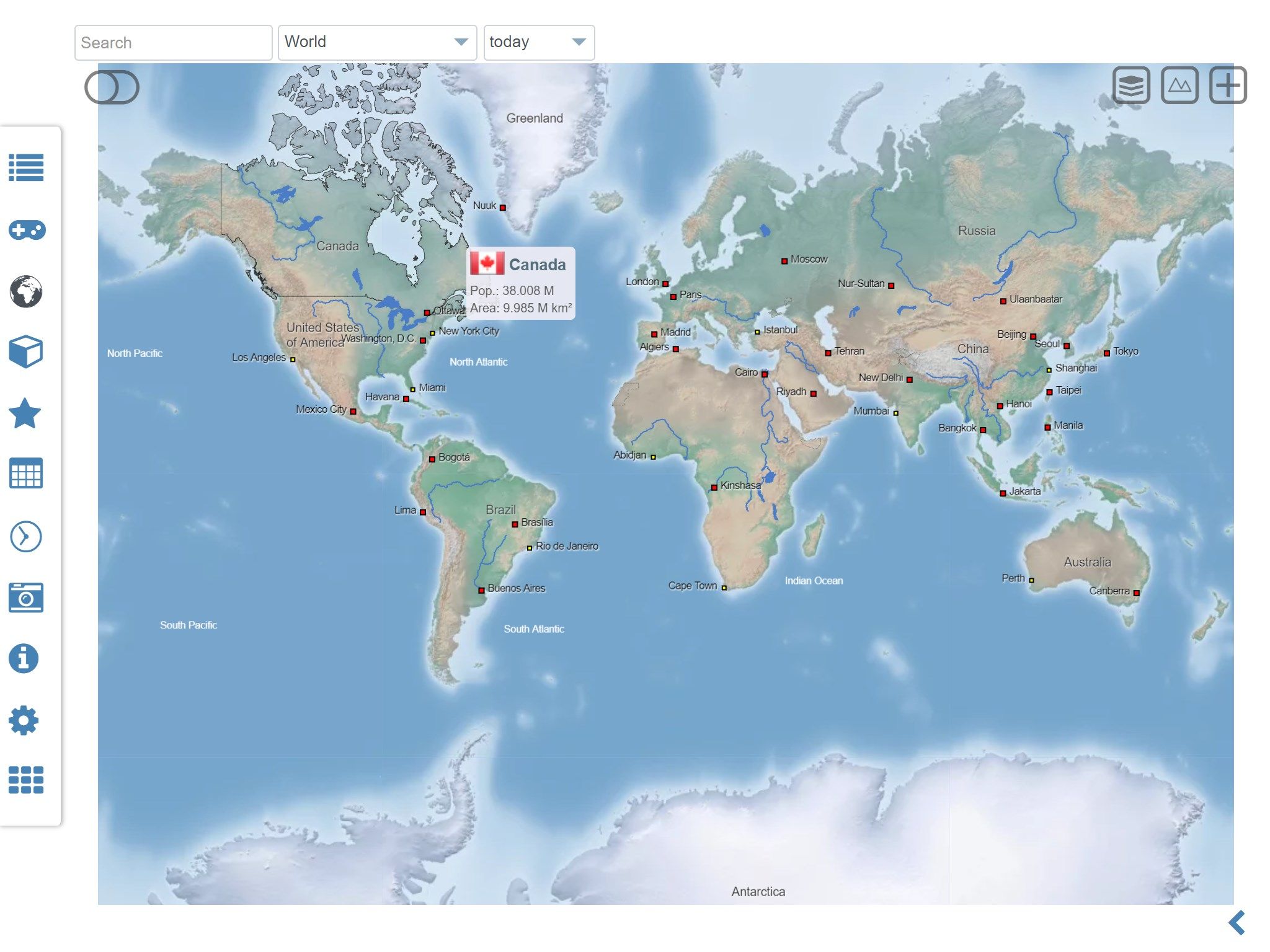 Interactive shaded relief world and continent maps