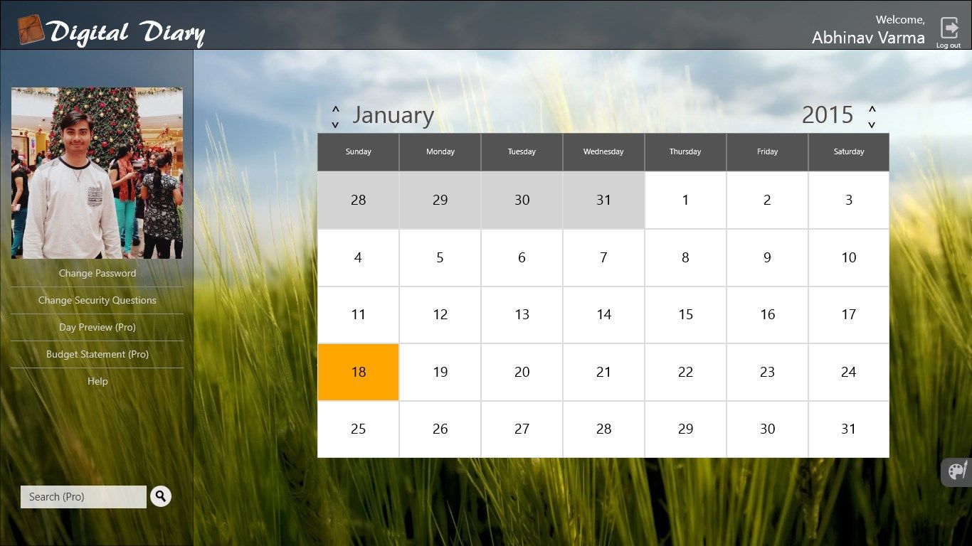 The Page after successful Login. From the Calendar shown, one can select a day..