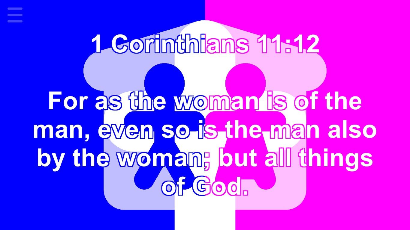 1 Corinthians 11:12 For as the woman is of the man, even so is the man also by the woman; but all things of God.