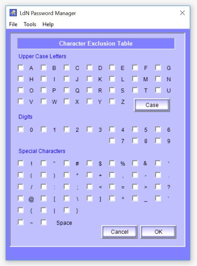 Exclusion Table for Password Generator
