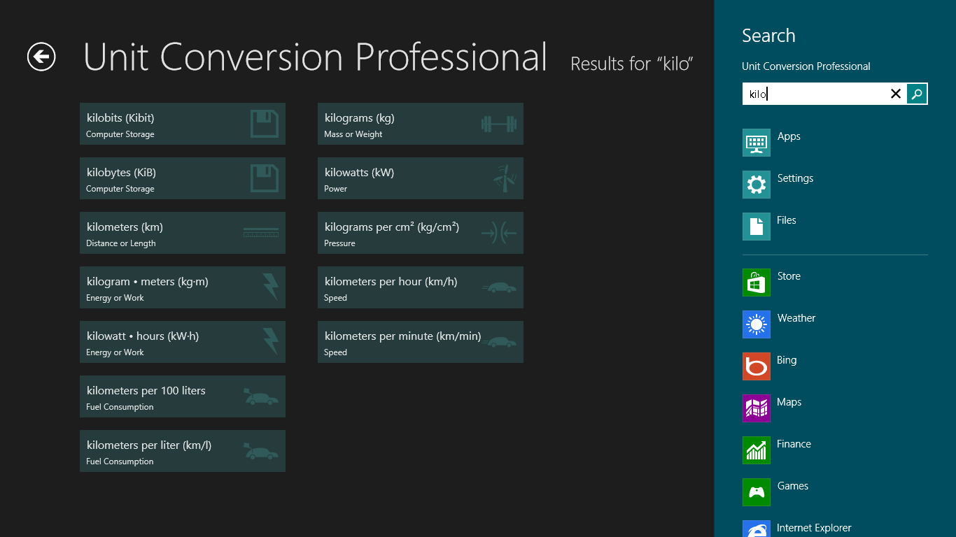 Integrates with Windows Search to provide quick access to hundreds of unit conversions.