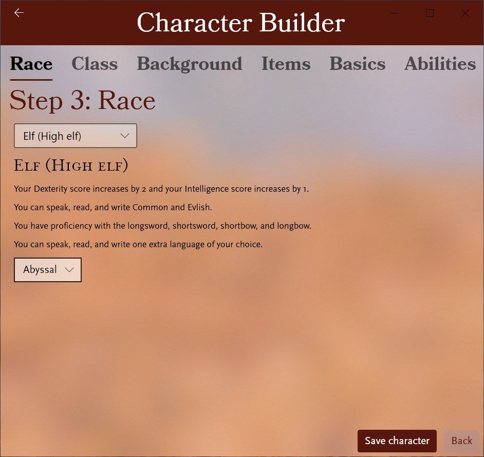 Character builder – Races