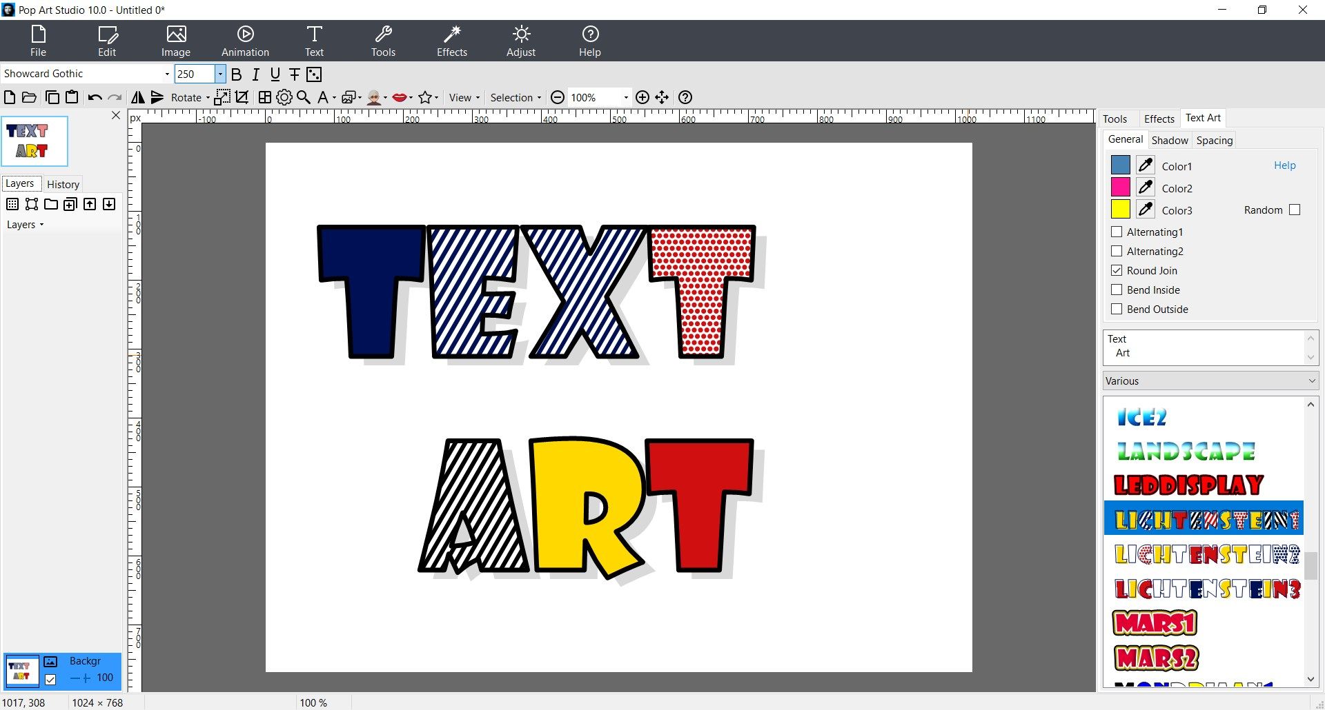Pop Art Studio contains many text styles and effects. For example ABC blocks, Buttons, Newspaper and Magazine cutouts. Bronze, copper, silver, and gold effects. Retro, Pop Art, Seventies, and Cartoon.