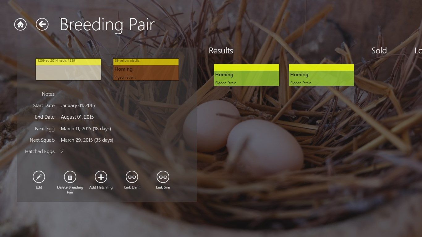Breeding Pair screen includes predictions for next egg/squab