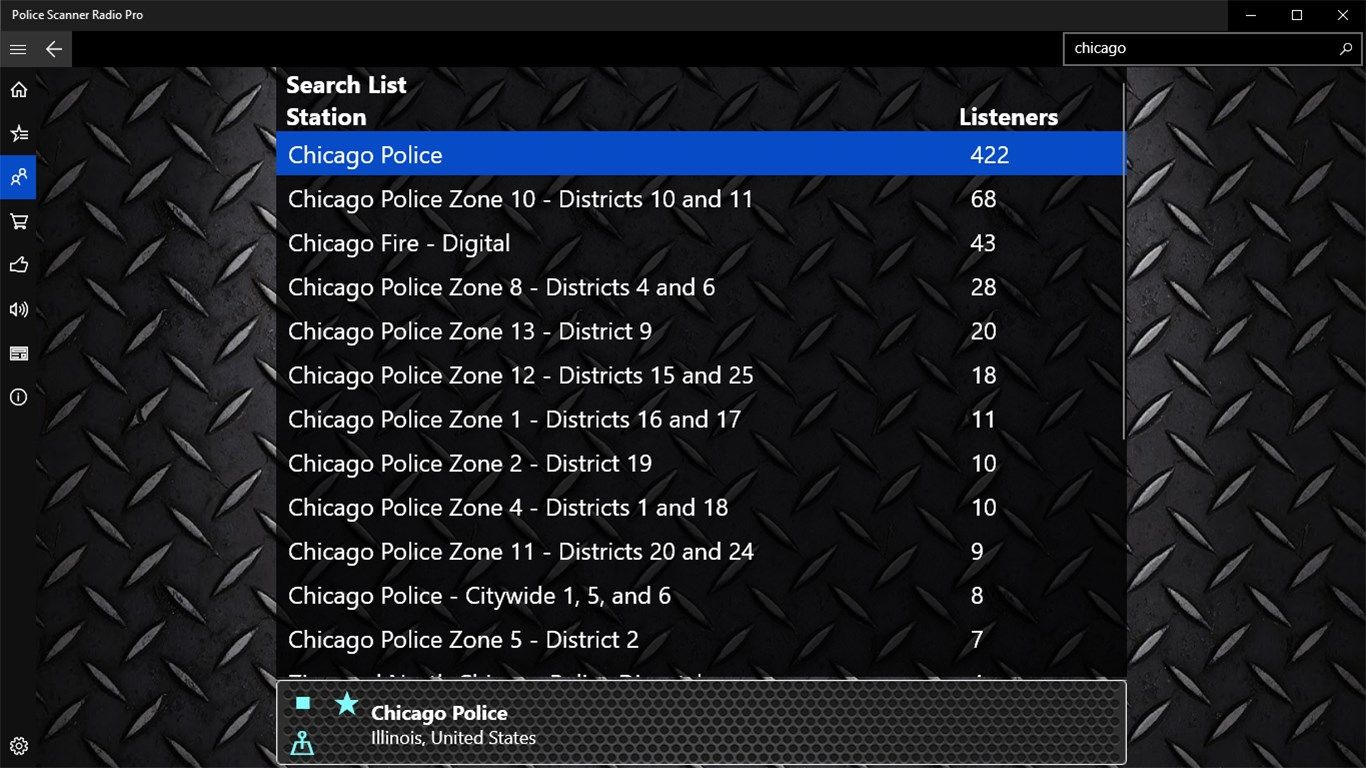 Search List for Chicago shows many Police Scanner stations to choose from.