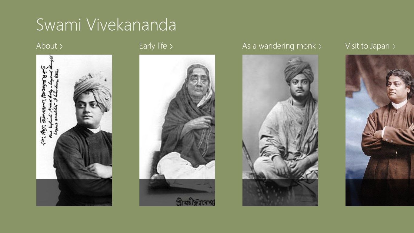 The first page of the app displaying various content of the history of the great personality Swami Vivekananda