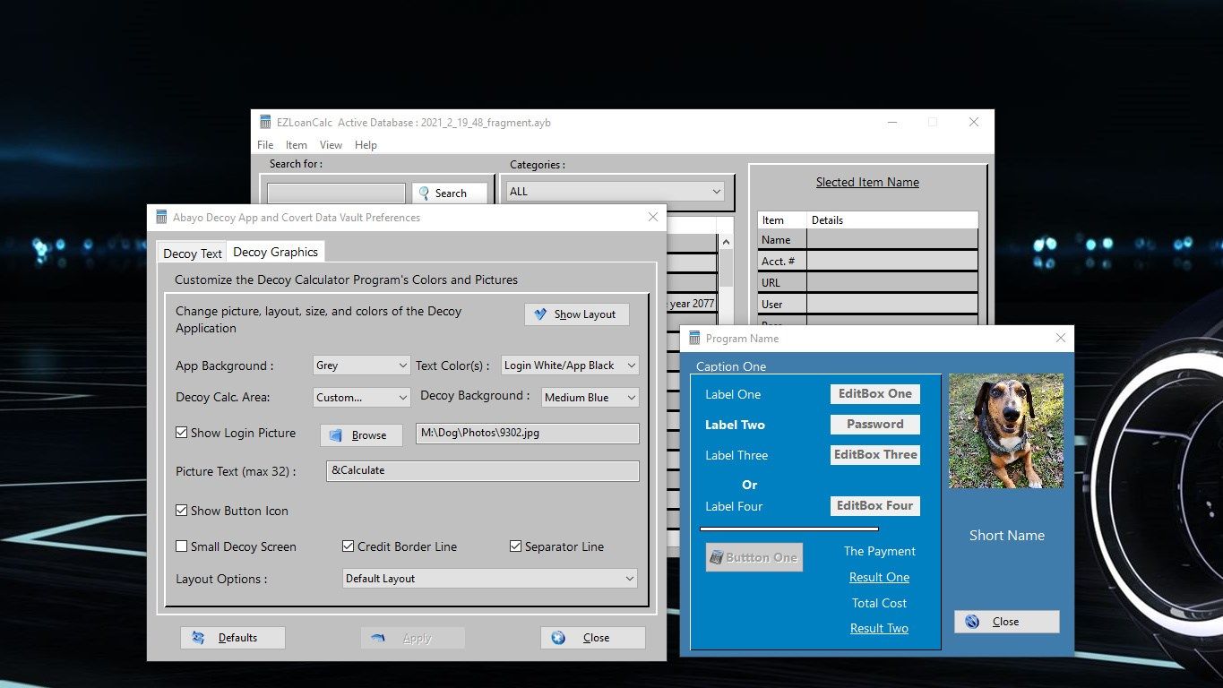 Hide in Plain Sight - Graphics. Just like the text options, here colors for text and program areas can be changed. Layout Options - changes the labels layout for a completely different look. Objects that are used for Password Actions are moved accordingly and can be seen in Show Layout. When using Small Decoy screen, be sure not use hidden objects as part of password pattern!