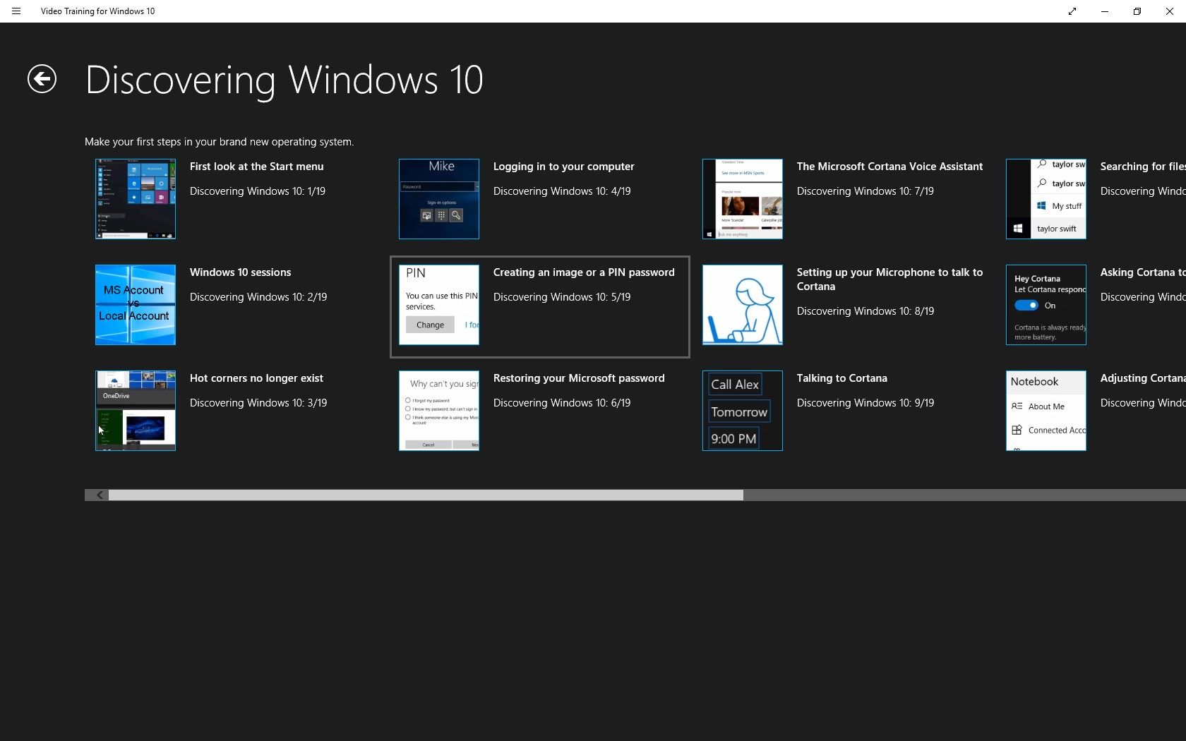 Topics available in the "Discovering Windows 10" section