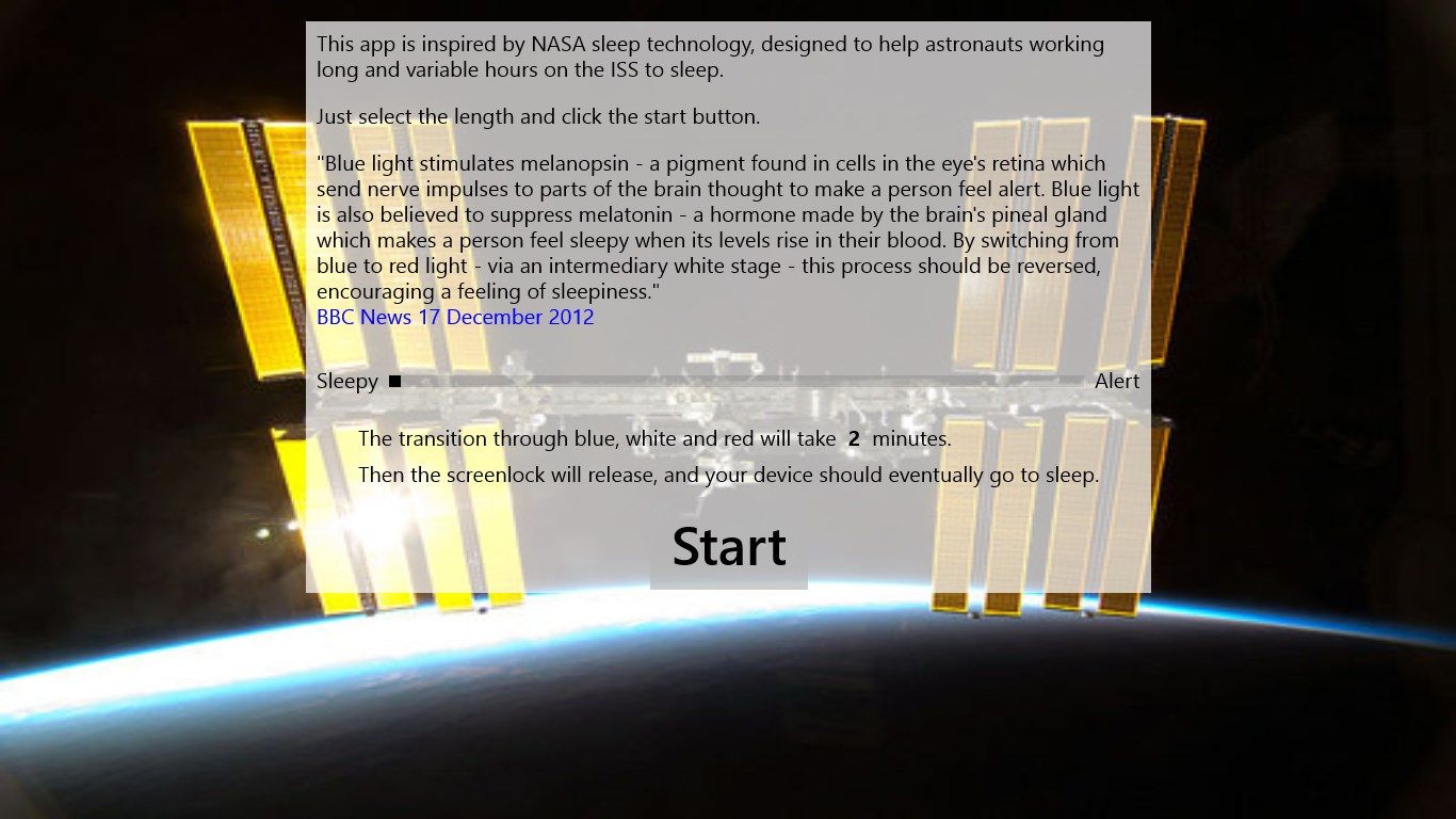 The start screen, explains, links and allows adjustment.