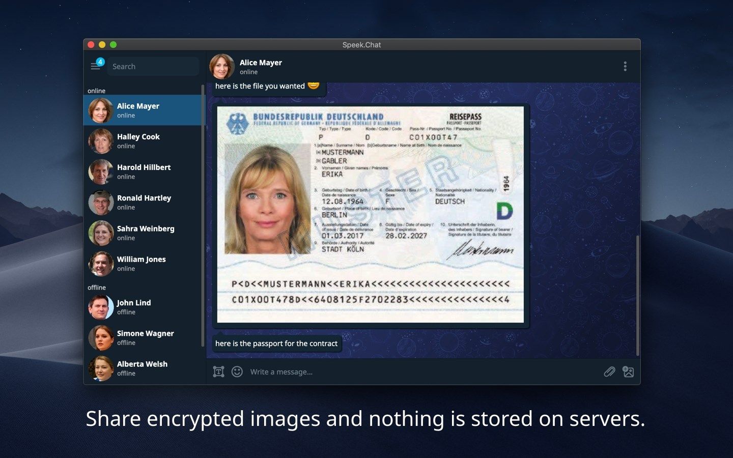 Share encrypted images and nothing is stored on servers.