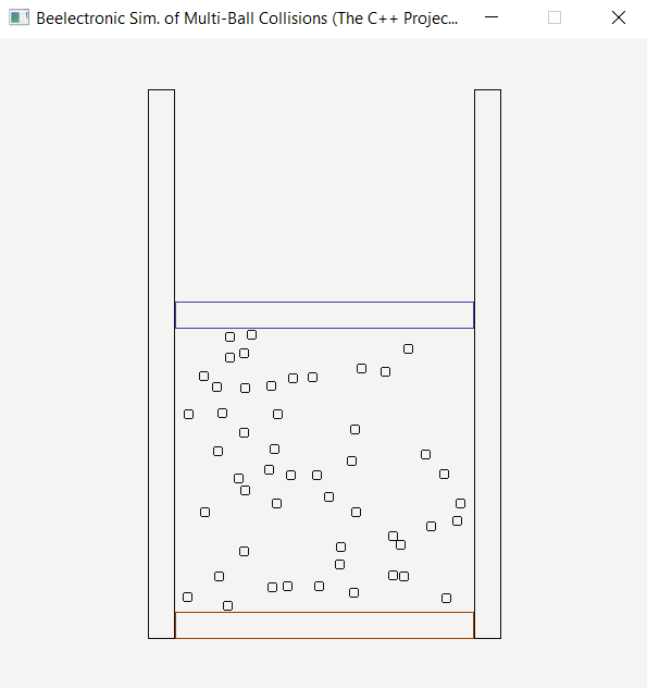 "Fifty balls; no gravity (gas simulation approximation). Piston under gravity." simulation.