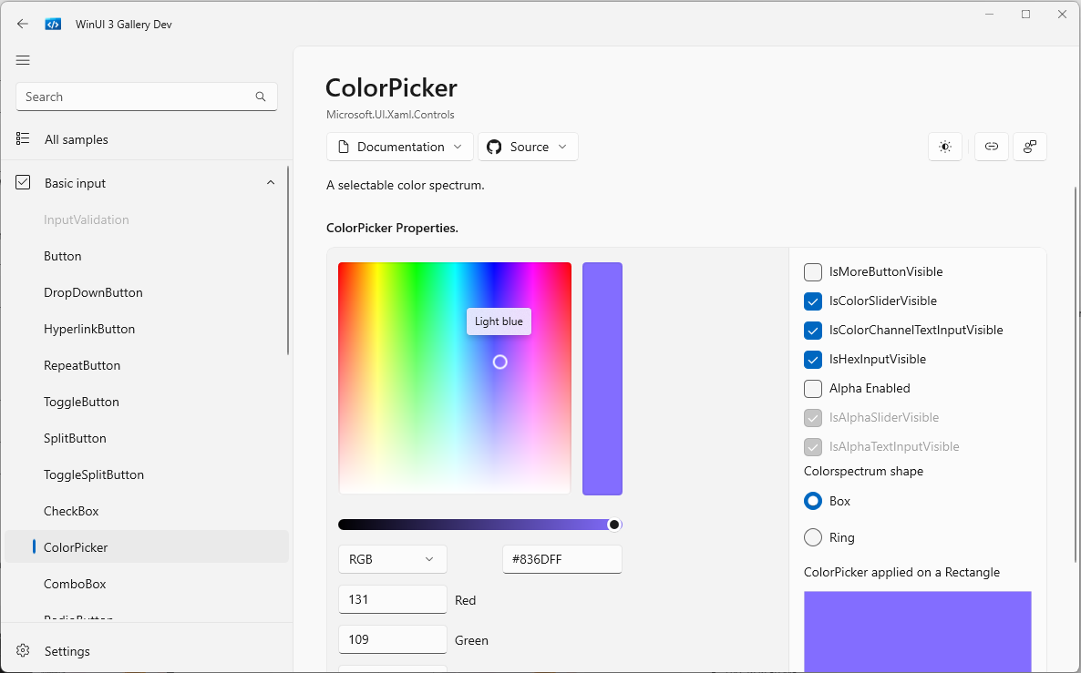 WinUI Gallery ColorPicker page.